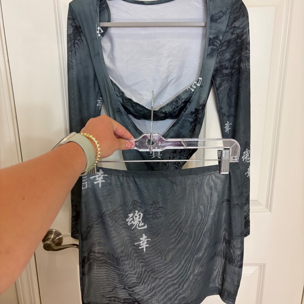 Landscape Print Mesh Bodysuit and Mini Skirt Set Teal Grey Kanji Graphic Small